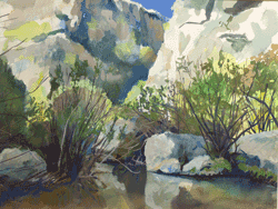  Gouache Painting of Trees and rocks in River Gorge