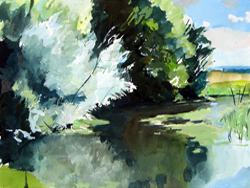 gouache painting the Stour Valley at Wye