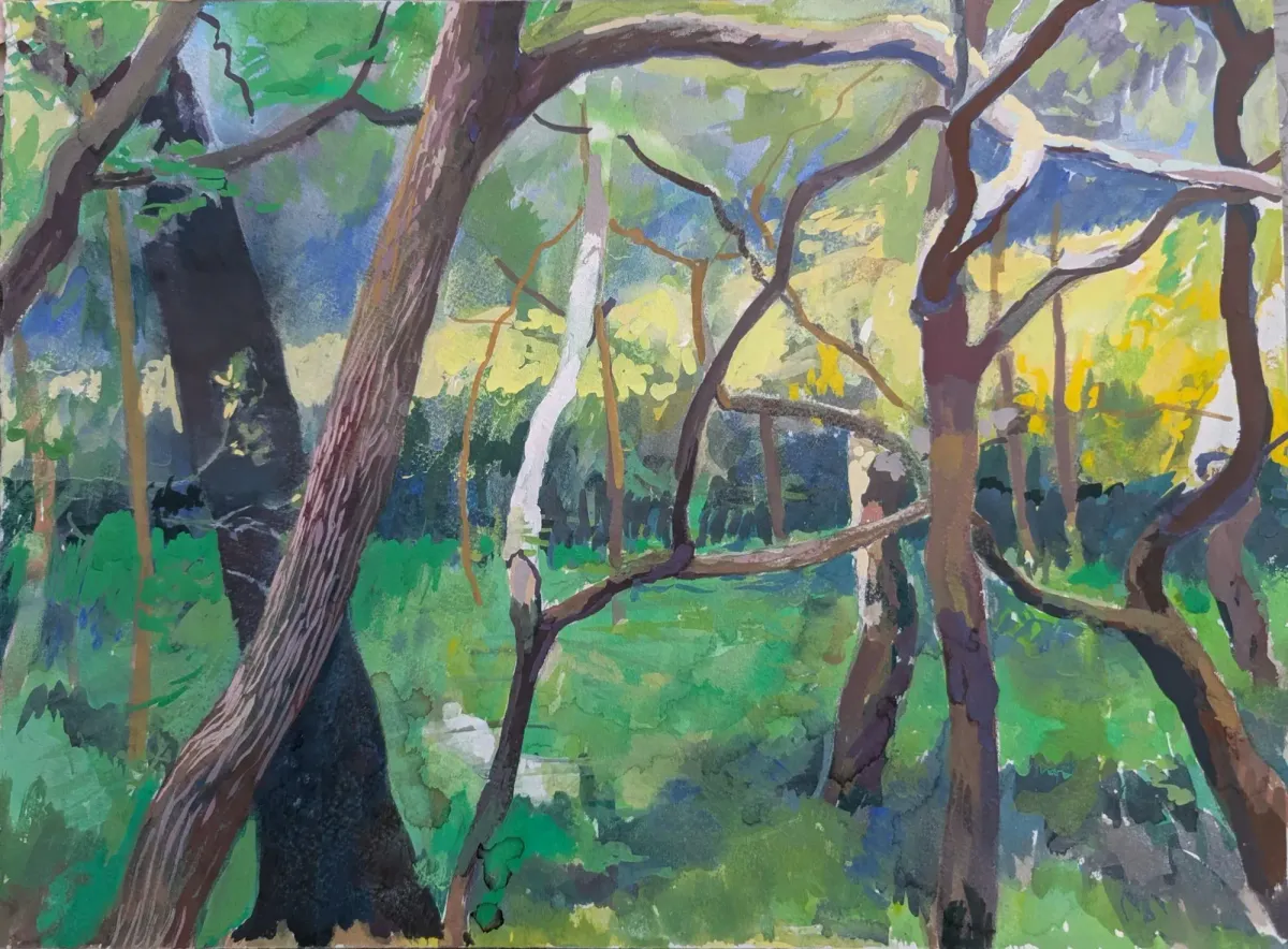Supernatural Cork Oak Woods Sicily - Gouache painting of cork oak woods near Buccheri, Sicily by Nicholas Stedman
