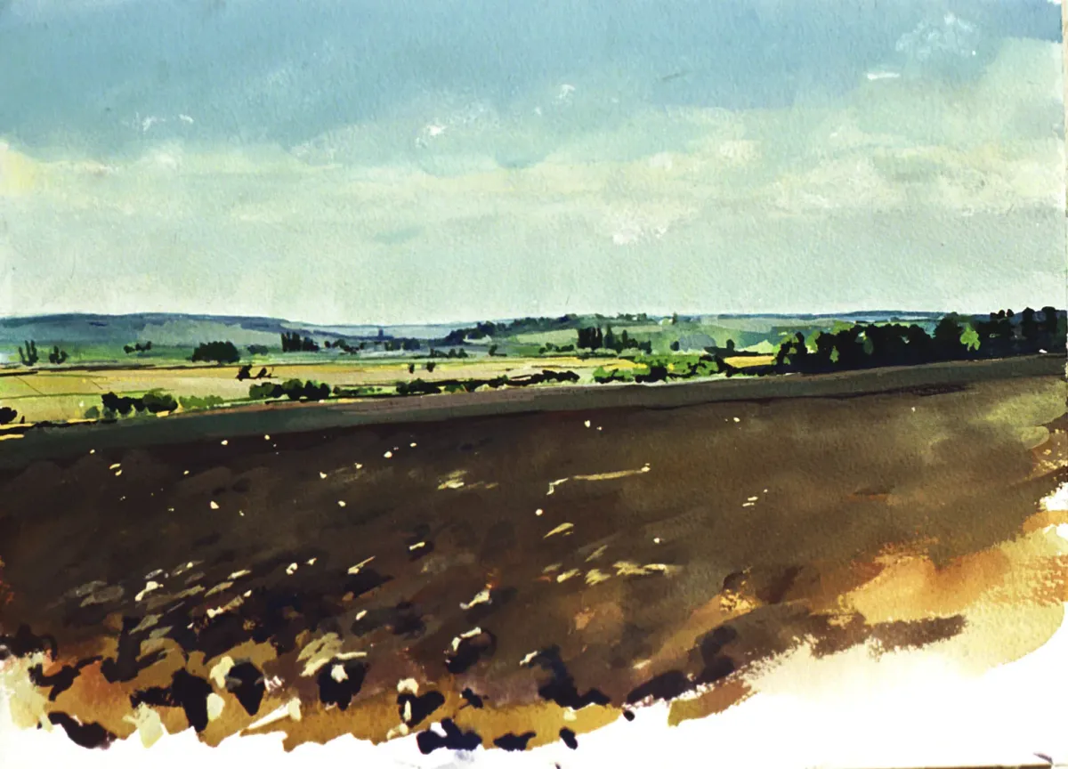 Canterbury Cathedral From Sarre - Gouache painting by Nicholas Stedman capturing the spirit of the landscape