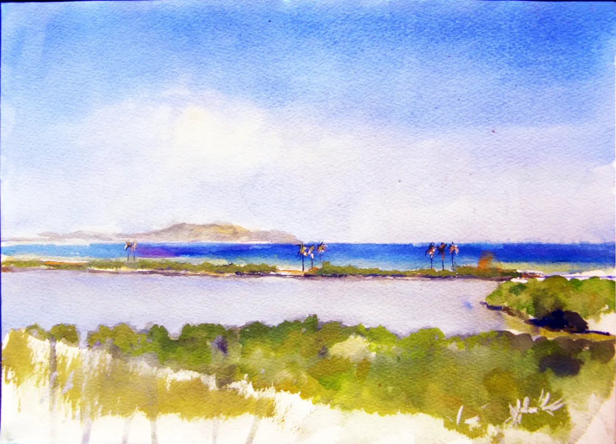 Playa La Caracola Porlamar - Gouache painting by Nicholas Stedman