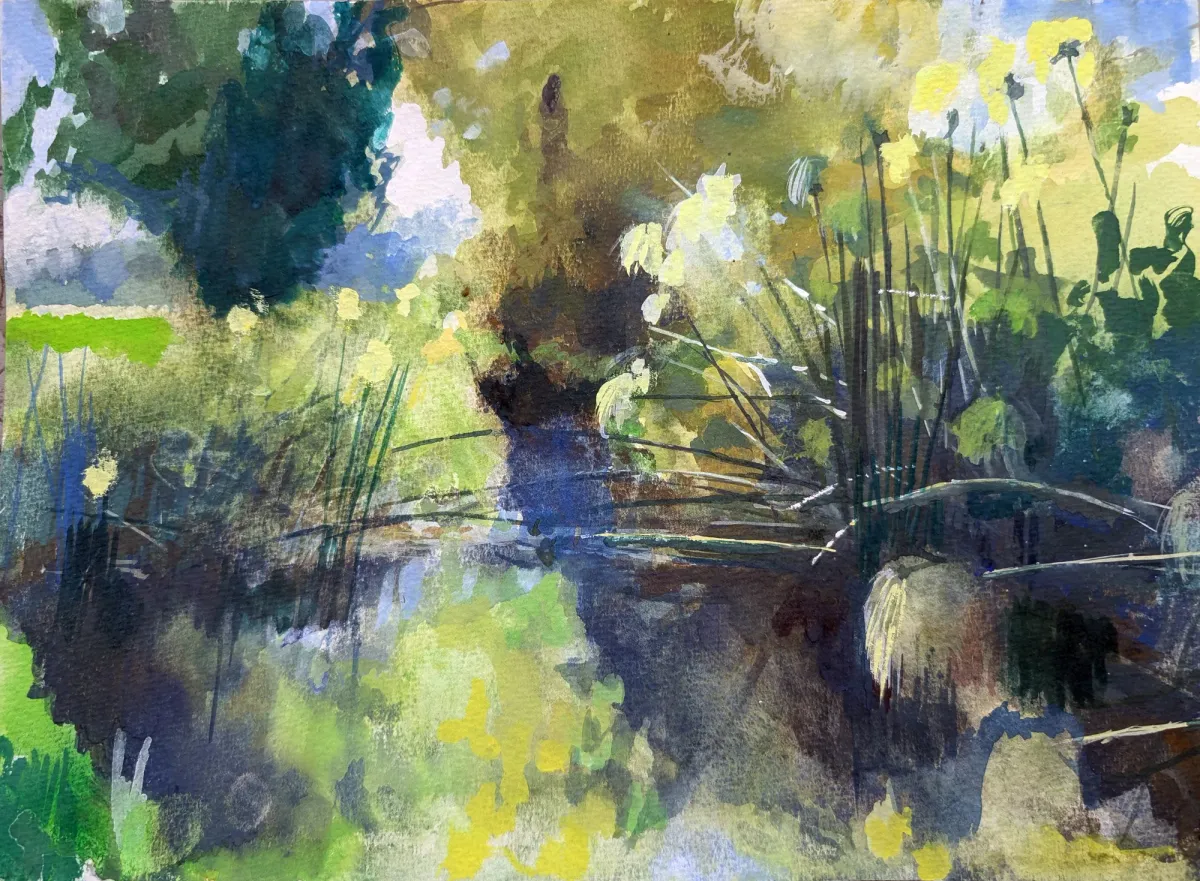 Fiume Ciane Papyrus Plants - Gouache painting of the Ciane River and papyrus, Siracusa by Nicholas Stedman