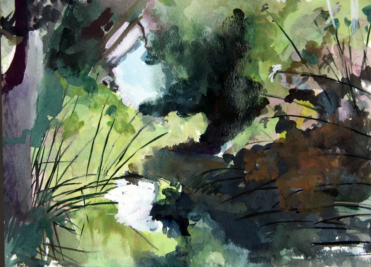 River Ciane Syracuse Sicily - Gouache painting of the Ciane River and papyrus, Siracusa by Nicholas Stedman