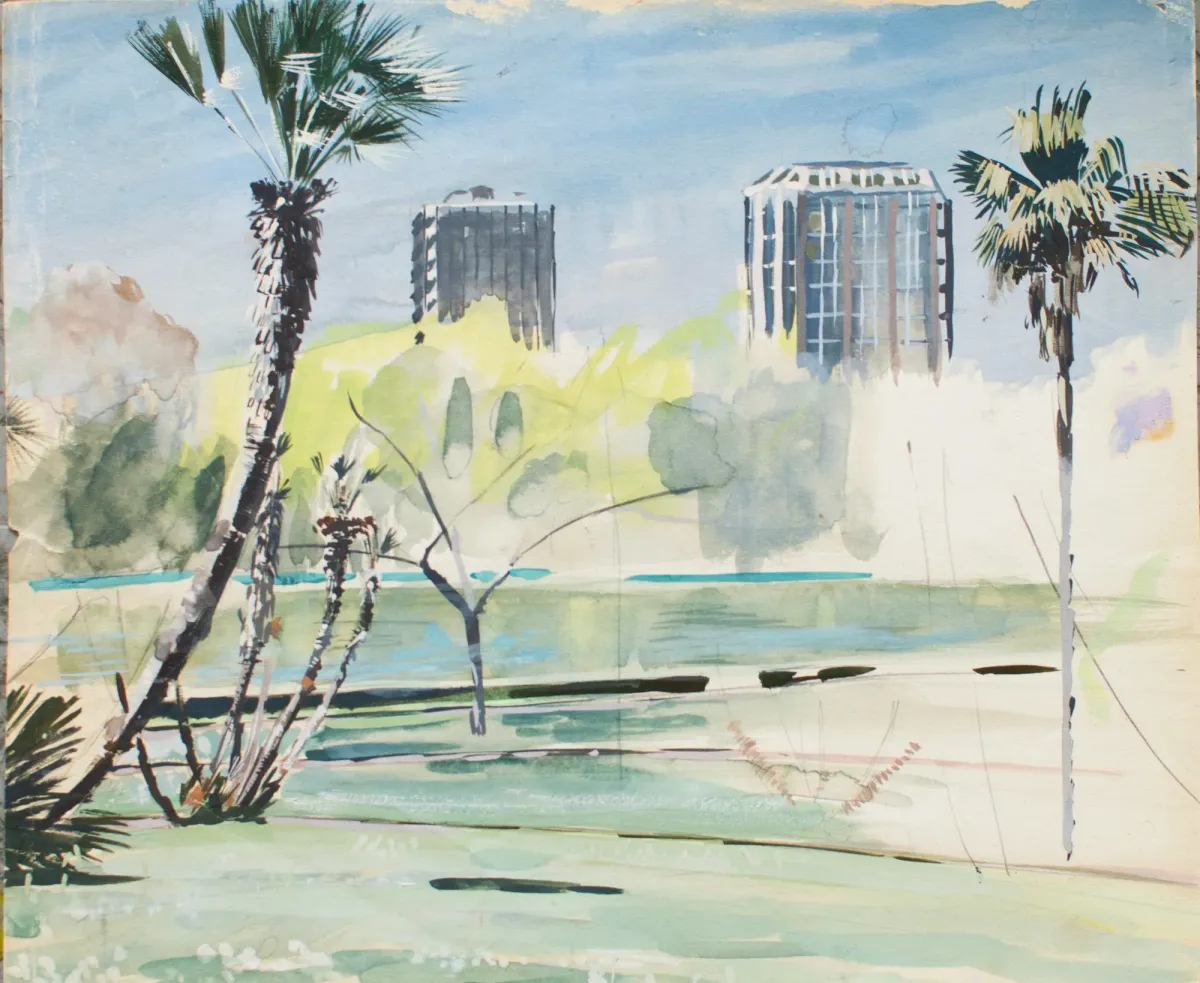 Italy EUR Gardens Rome - Gouache painting by Nicholas Stedman