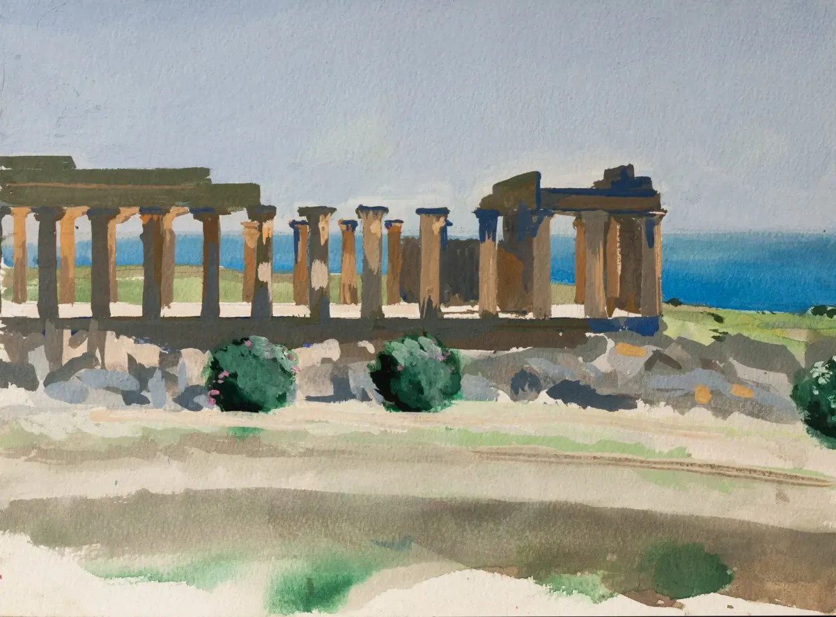 Italy Selinunte Temple Seaview - Gouache painting by Nicholas Stedman