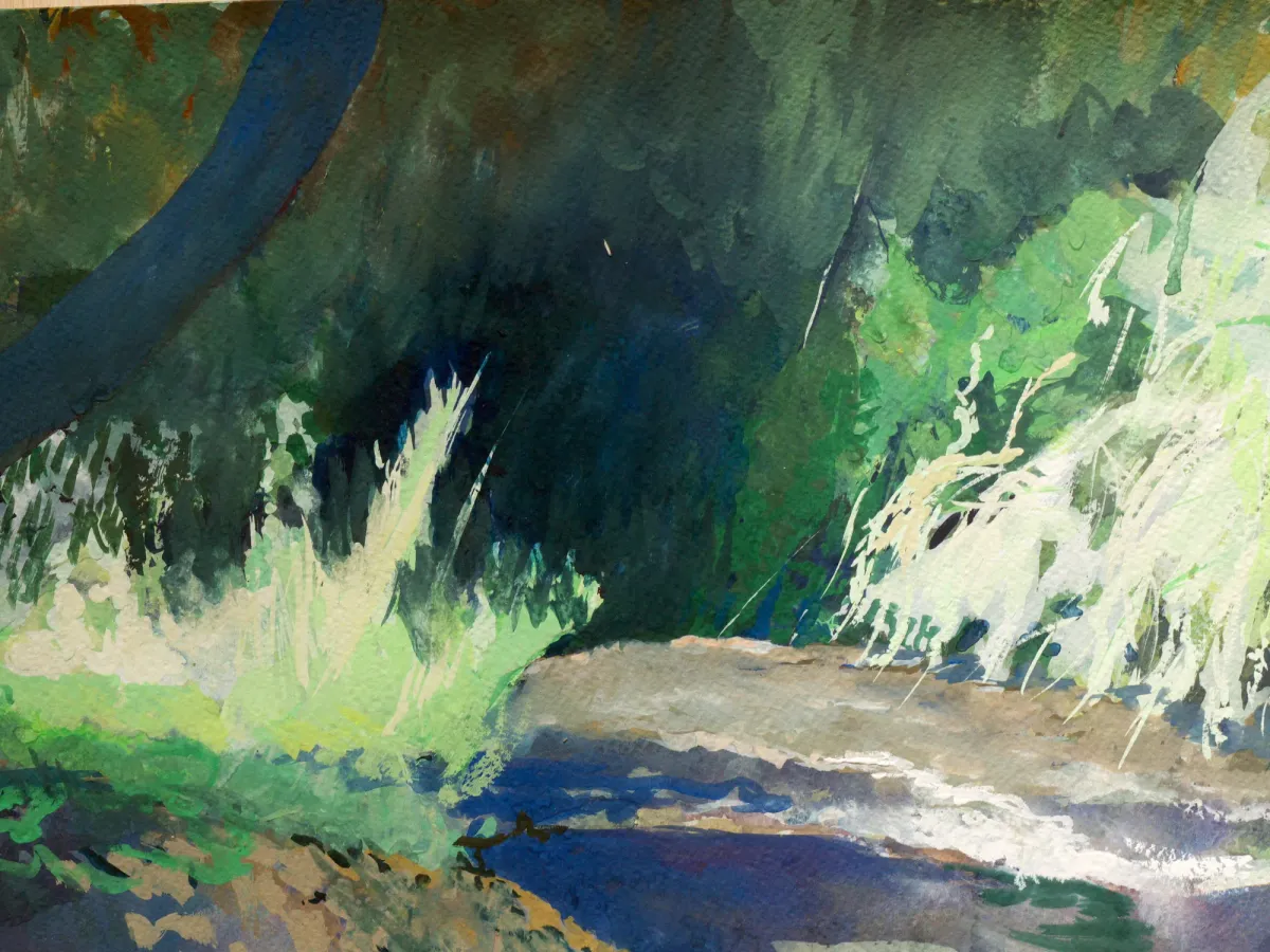 River Flowing Into Darkness - Gouache painting by Nicholas Stedman capturing the spirit of the landscape