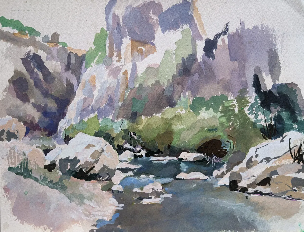 Pantalica Anapo Sacred River Rocks - Painting of Pantalica canyon, Sicily by Nicholas Stedman