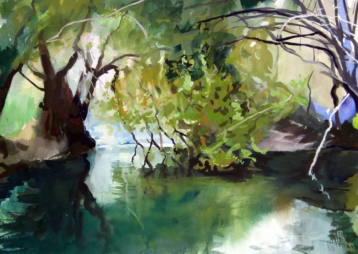 Pantalica Autumn River Scene - Painting of Pantalica canyon, Sicily by Nicholas Stedman