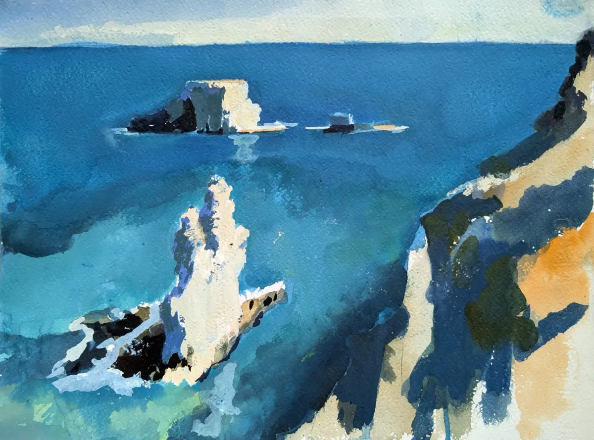 Siracusa Clifftop View Seastacks Sicily - Gouache painting of Siracusa, Sicily by Nicholas Stedman