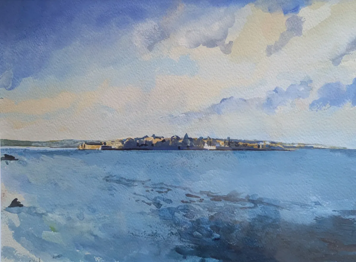 Siracusa Mystic Island Across The Sea - Gouache painting of Siracusa, Sicily by Nicholas Stedman