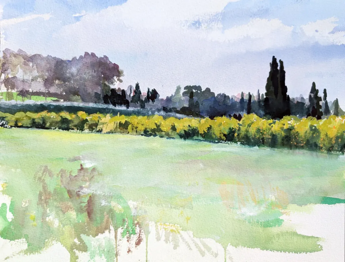 Siracusa Orange Tree Landscape Sicily - Gouache painting of Siracusa, Sicily by Nicholas Stedman