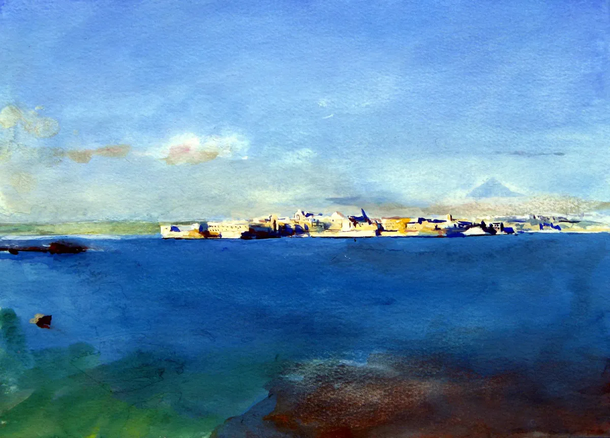Siracusa Seaview With Etna - Gouache painting of Siracusa, Sicily by Nicholas Stedman