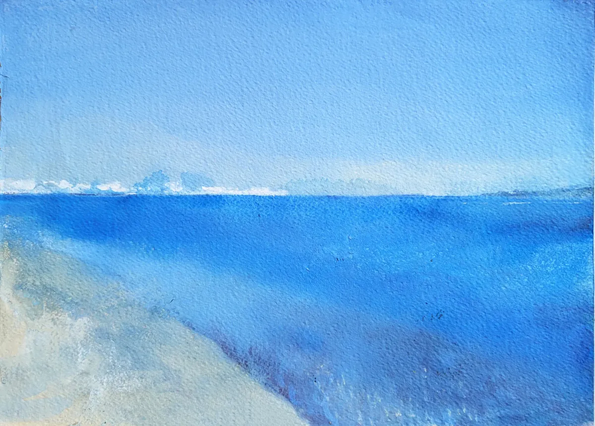 Siracusa Syracuse Anapo Estuary Sea View - Gouache painting of Siracusa, Sicily by Nicholas Stedman