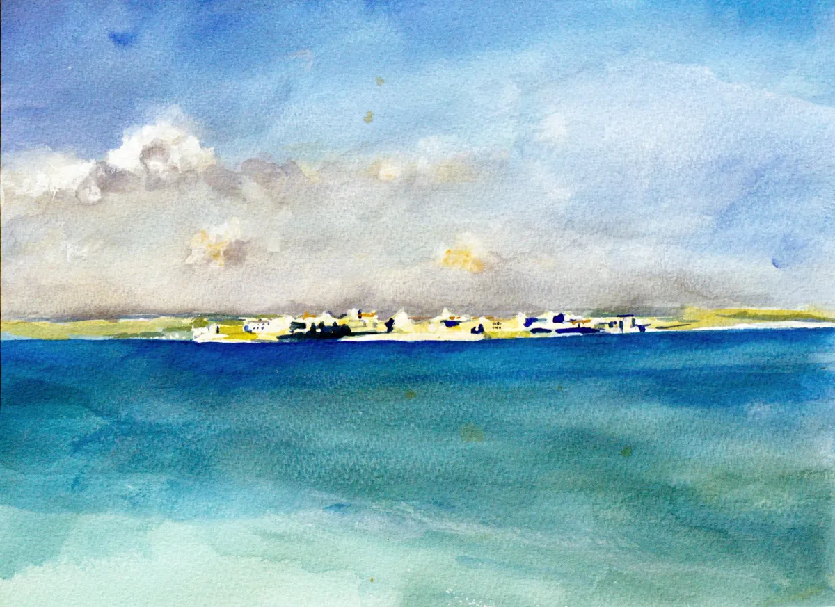 Siracusa View Of Ortigia From Isola - Gouache painting of Siracusa, Sicily by Nicholas Stedman