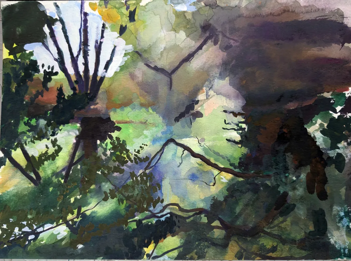 Stour Abstract Tree And River Scene Canterbury - Gouache painting of the River Stour, Kent by Nicholas Stedman
