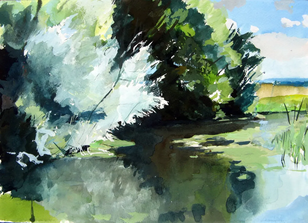 Stour Clair Obscur Willow Trees - Gouache painting of the River Stour, Kent by Nicholas Stedman