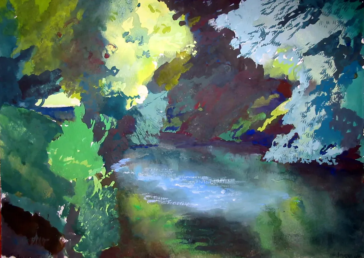 Stour Reflections - Gouache painting of the River Stour, Kent by Nicholas Stedman