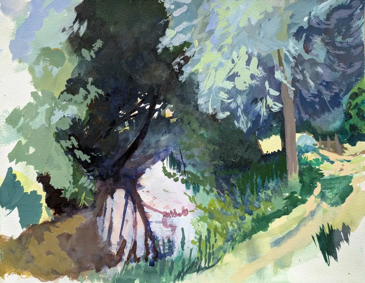 Stour River Willows Canterbury - Gouache painting of the River Stour, Kent by Nicholas Stedman