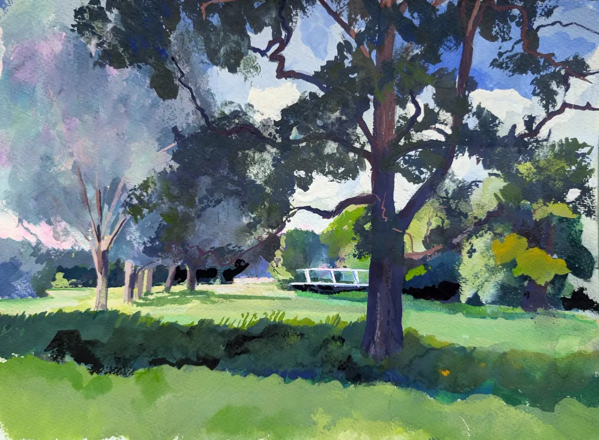 Stour Riverbank Oak Shade - Gouache painting of the River Stour, Kent by Nicholas Stedman