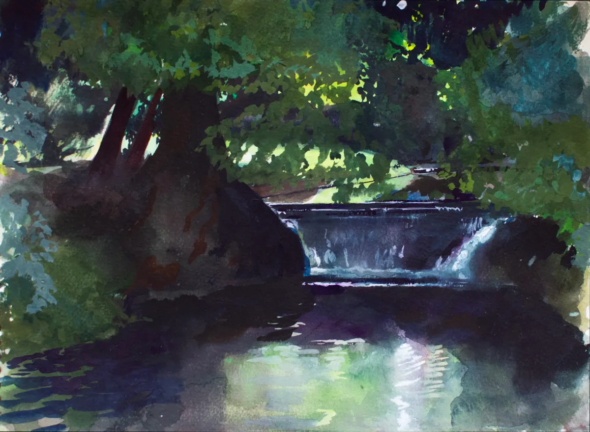 Stour Waterfall - Gouache painting of the River Stour, Kent by Nicholas Stedman